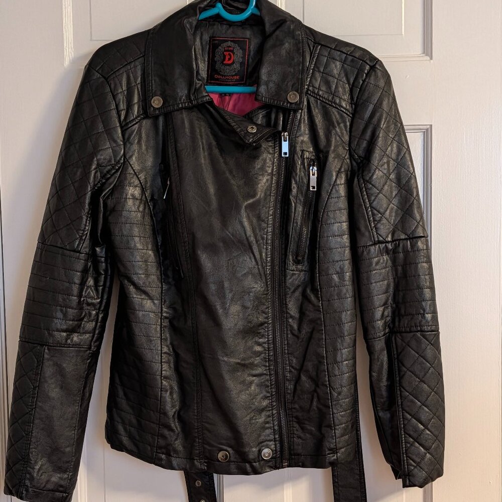 Dollhouse Faux Leather Moto Jacket – Black w/ Hot Pink Lining (Size L)